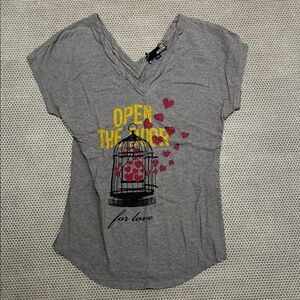 Love Moschino Gray Top with Yellow Text and Red Heart Design